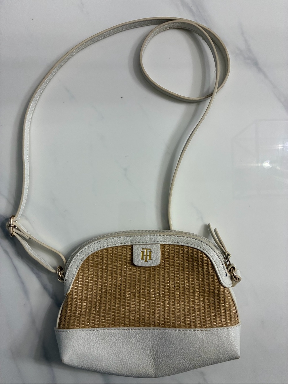 Tommy Hilfiger White & Tan Woven Crossbody Purse